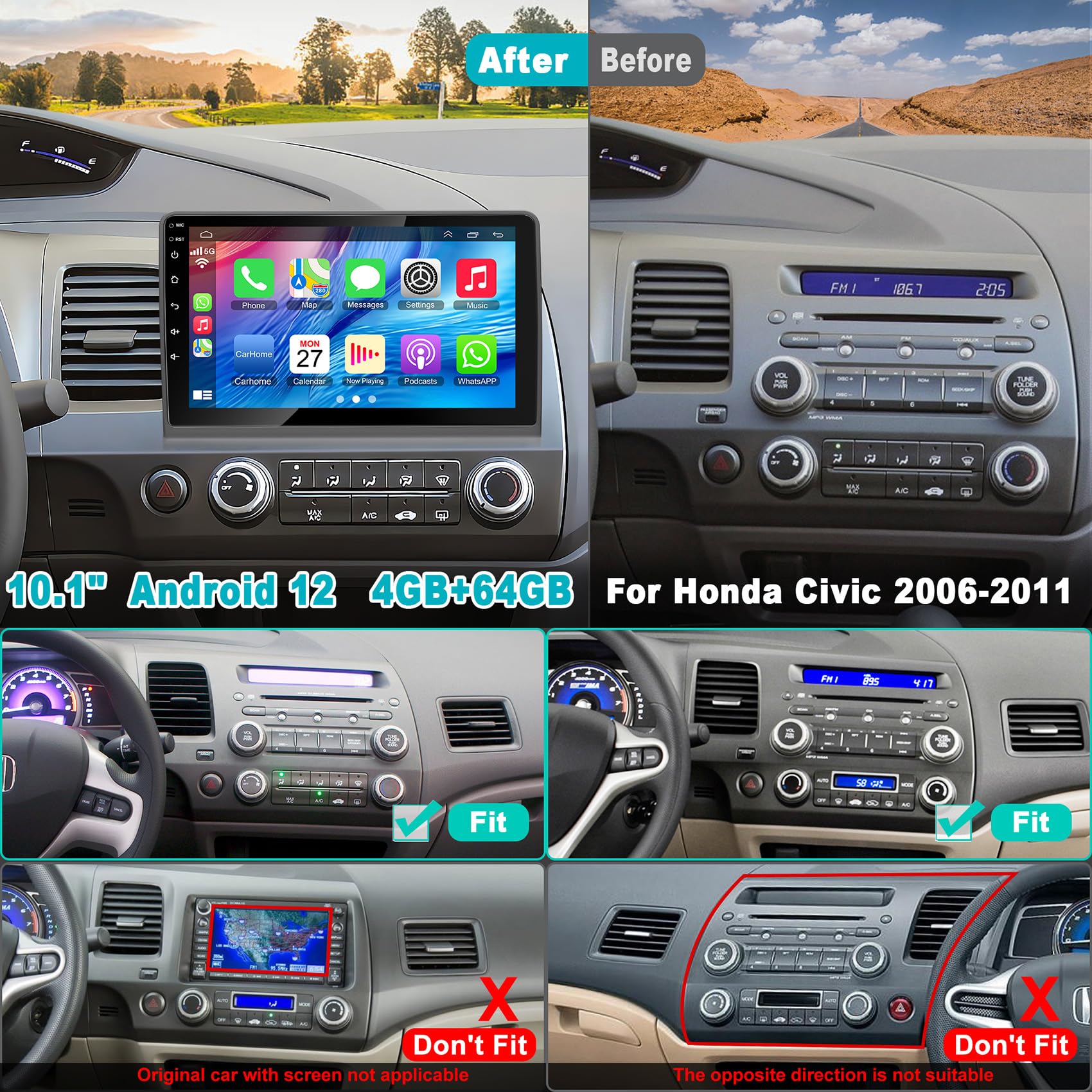 10.1 Inch IPS Touch Screen Car Stereo for Honda Civic 2006-2011 - 4G+64G Android Auto & Wireless CarPlay GPS Navigation System with Bluetooth 5.2/FM/Backup Camera/WiFi/SWC/HiFi - Perfect for Commuting, Road Trips & Hands-Free Driving
