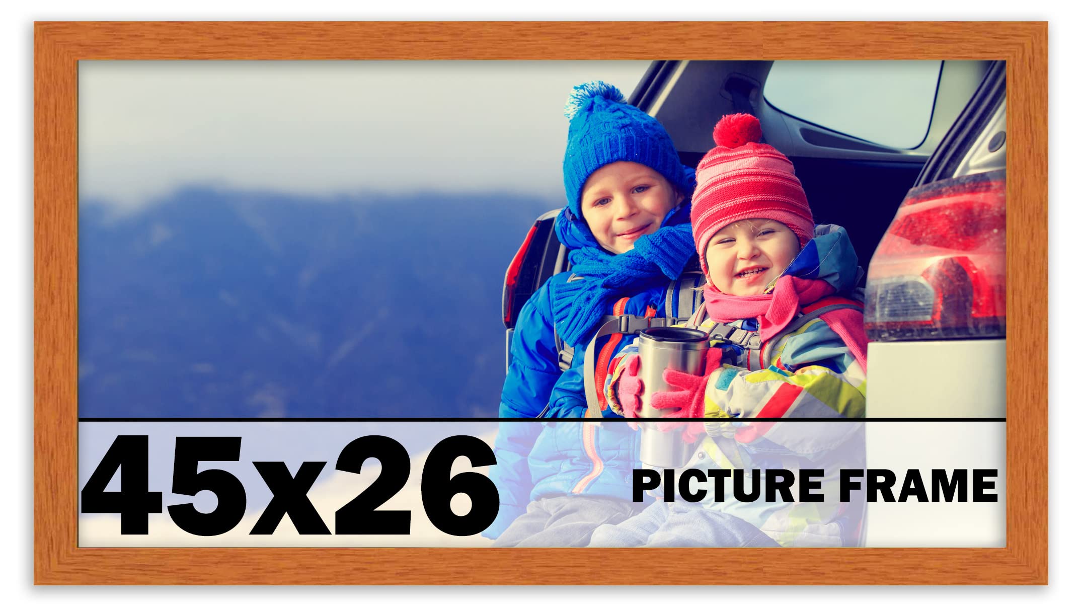 45x26 Inch Honey Pecan Brown Wood Picture Frame - Shatterproof UV Acrylic Glass, Acid-Free Backing, Wall Hanging Hardware - Modern Photo Display for Living Room, Bedroom & Office Decor