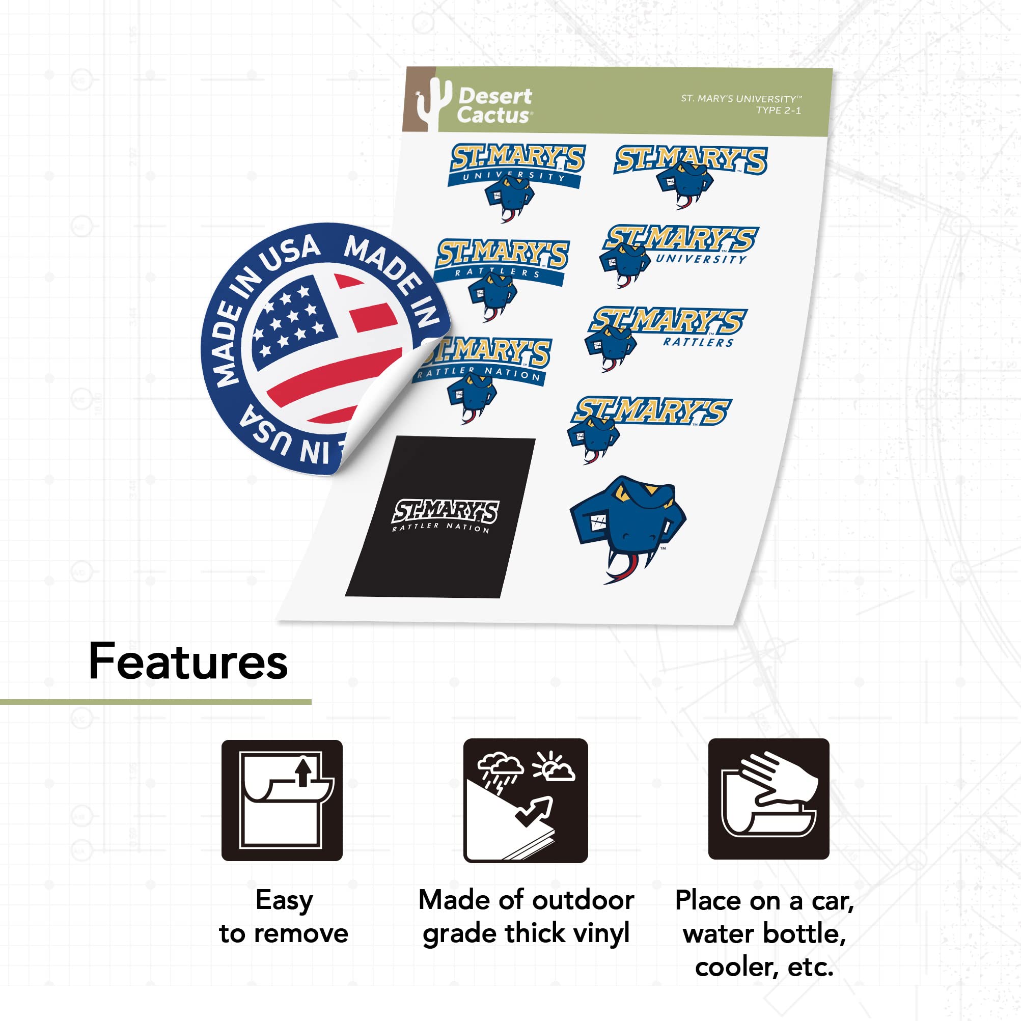 StMU SM Texas Rattlers Vinyl Decal Stickers - Desert Cactus St. Mary's University (TX) - Waterproof Laptop, Car, Water Bottle & Scrapbook Decals - Perfect for College Pride, School Spirit & Fan Gear