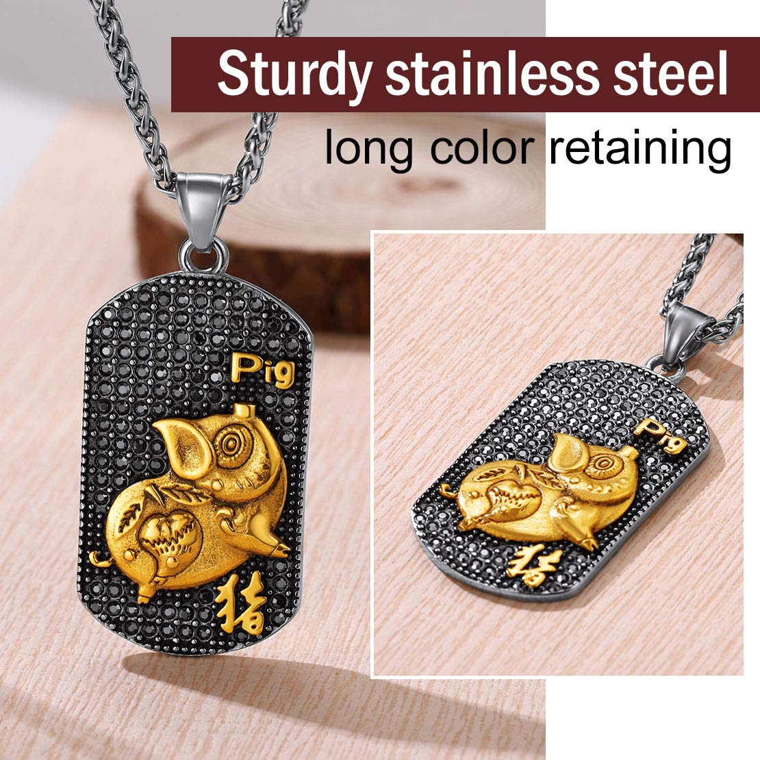 Vintage Chinese Zodiac Dog Tag Necklace for Men - Stainless Steel 18K Gold Plated Kanji Pendant, Custom Personalized Jewelry Gift | Birthday, Anniversary, Father's Day Present