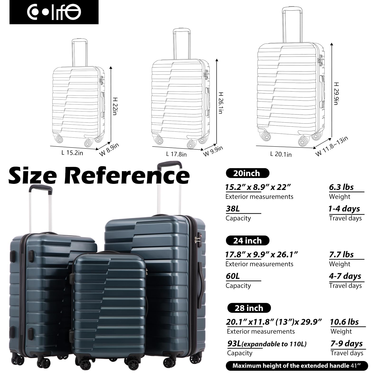 Coolife Hardside Carry-On Luggage Suitcase with TSA Lock, Spinner Wheels & Telescopic Handle - Lightweight PC+ABS Luggage for Business Travel & Weekend Getaways