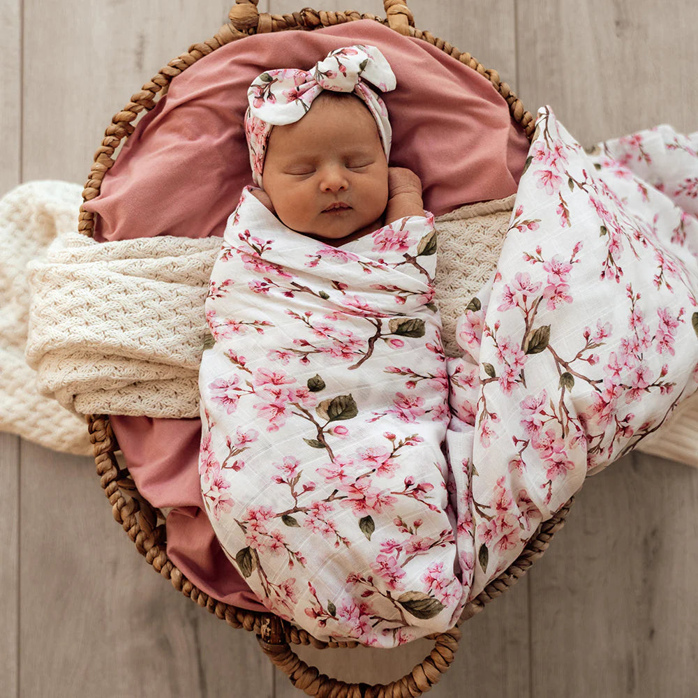 Organic Cotton Muslin Baby Wrap - Soft & Breathable Swaddle Blanket for Newborns & Infants - Cherry Blossom Print - Perfect for Swaddling, Nursing & Cuddling