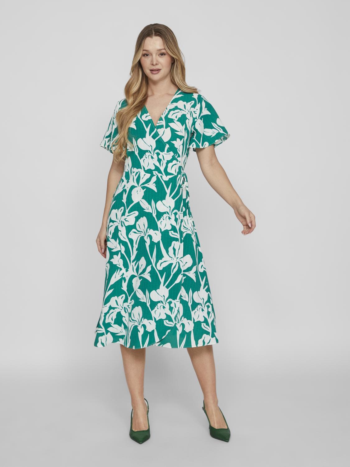 Lovie Wrap Midi Dress - Women's Flattering V-Neck A-Line Summer Dress in Ultramarine Green | Perfect for Beach Vacation, Date Night & Casual Outings