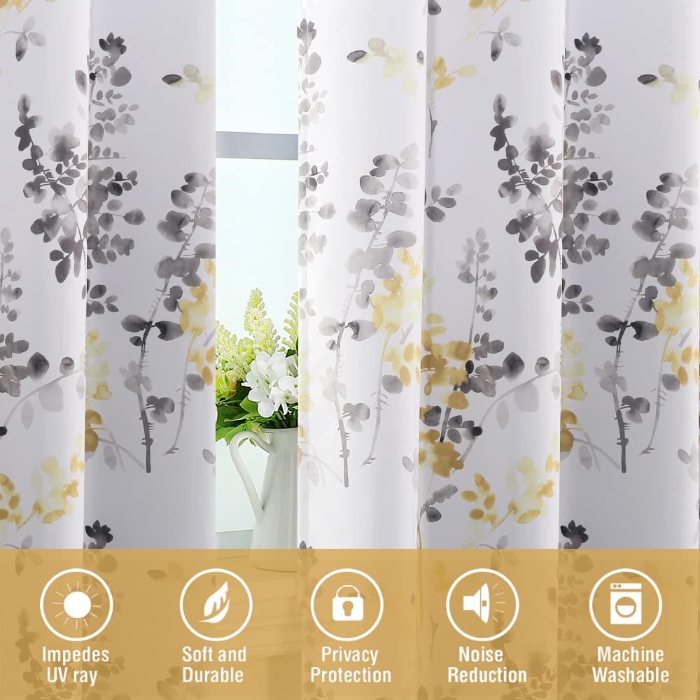 H.VERSAILTEX Floral Curtains 95 Inches Long - Blackout Printed Window Curtain Panels with Rod Pocket, Classic Grey & Yellow Floral Pattern for Bedroom & Living Room (Set of 2) - Perfect for Light Control & Home Decor