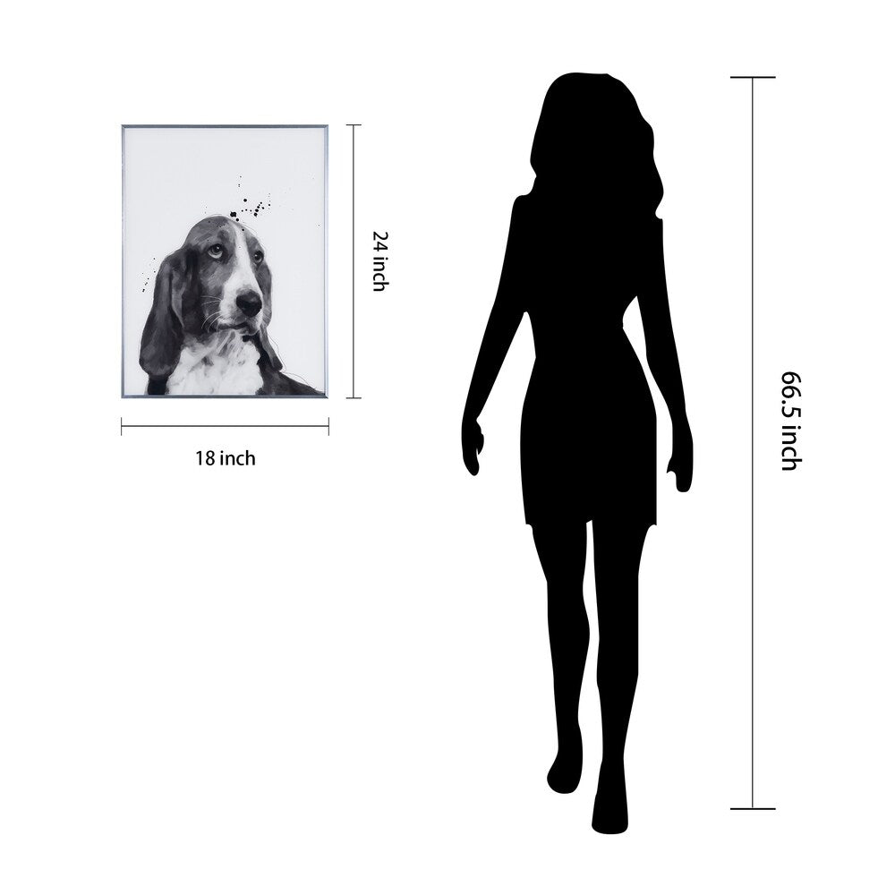 Basset Hound Black and White Dog Wall Art - Reverse Printed Glass with Gunmetal Frame - Perfect for Living Room, Bedroom or Office Decor