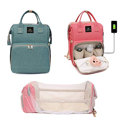 **APHBRADA Multifunctional Diaper Backpack with Changing Station & Foldable Baby Crib – Large Capacity Travel Bassinet with Sunshade, Mosquito Net & USB Charging Port – Perfect for Moms on the Go (Green)**    *(Ideal for Travel, Outings, and Everyday Baby Care – Compact, Stylish & Convenient!)*