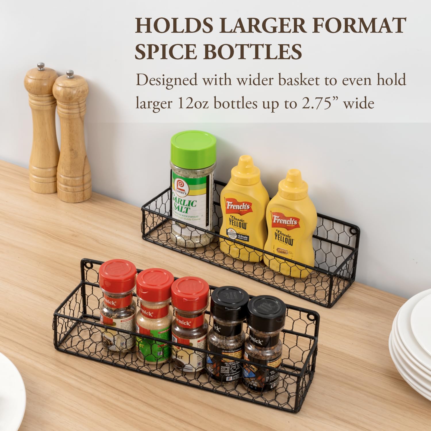 MyGift 12-Inch Black Wall Mount Spice Rack Organizer - Set of 2 Chicken Wire Kitchen Shelves for Spices, Condiments & Seasonings | Perfect for Small Kitchen Organization, Pantry Storage & Cooking Space Saving