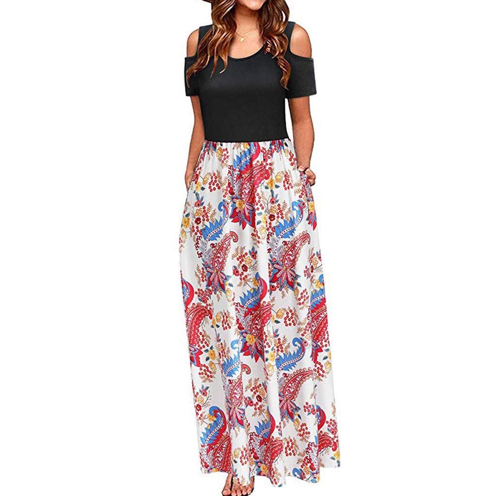 Handyulong Women's Maxi Dresses - Floral Print Short Sleeve Cold Shoulder Beach Sundress for Summer, Party & Vacation | Lightweight Flowy Long Dress for Casual Outings, Date Night & Tropical Getaways
