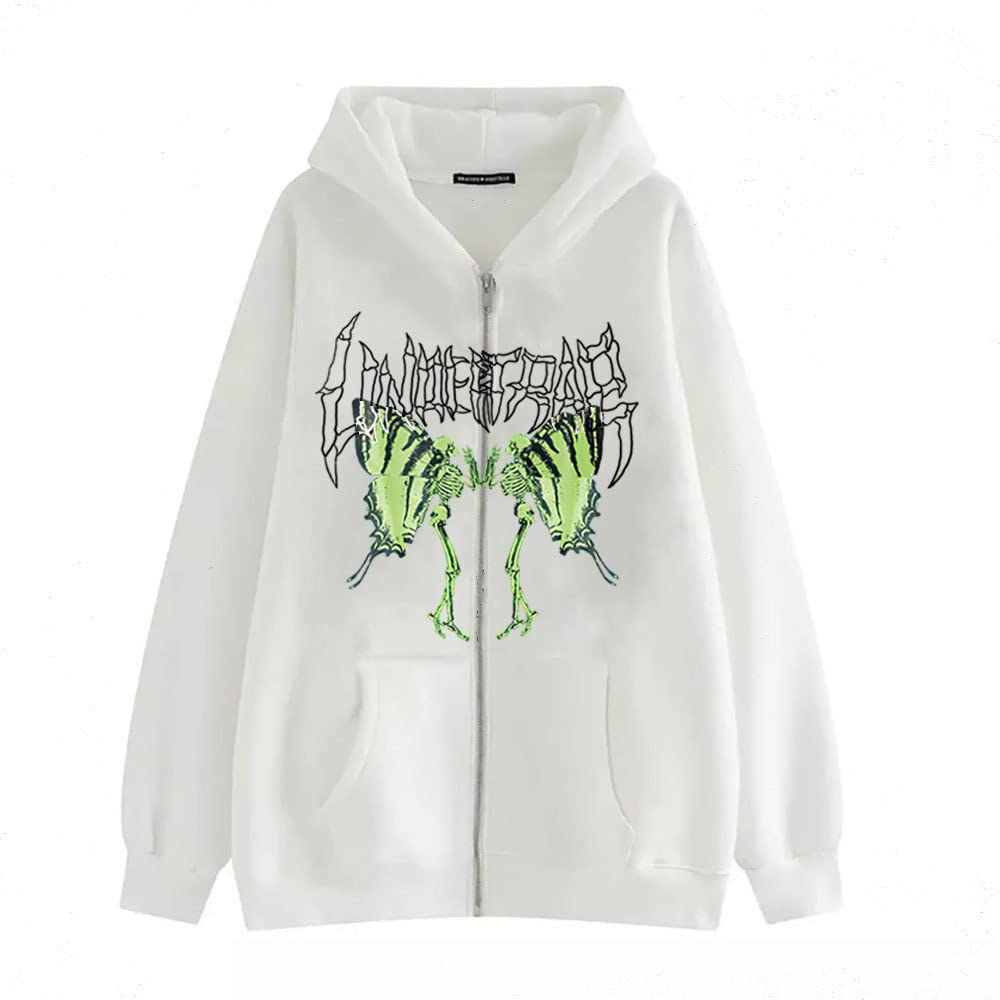 Y2K Vintage Graphic Printed Skeleton Zip Up Hoodie - Oversized Unisex Sweatshirt for Women & Men | Halloween Costume, Streetwear Fashion, Casual Outfit