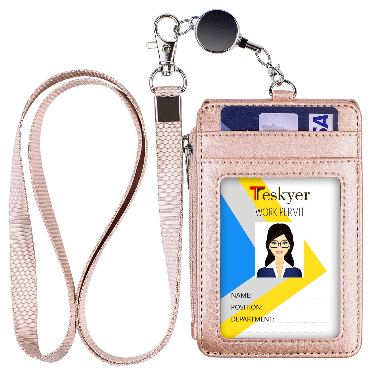 Premium PU Leather ID Badge Holder with Retractable Lanyard - 4 Card Slots & Zipper Pocket - Easy Swipe Design for Work ID, School ID, Metro Card & Access Card - Perfect for Office, Campus, Commuting & Security Access