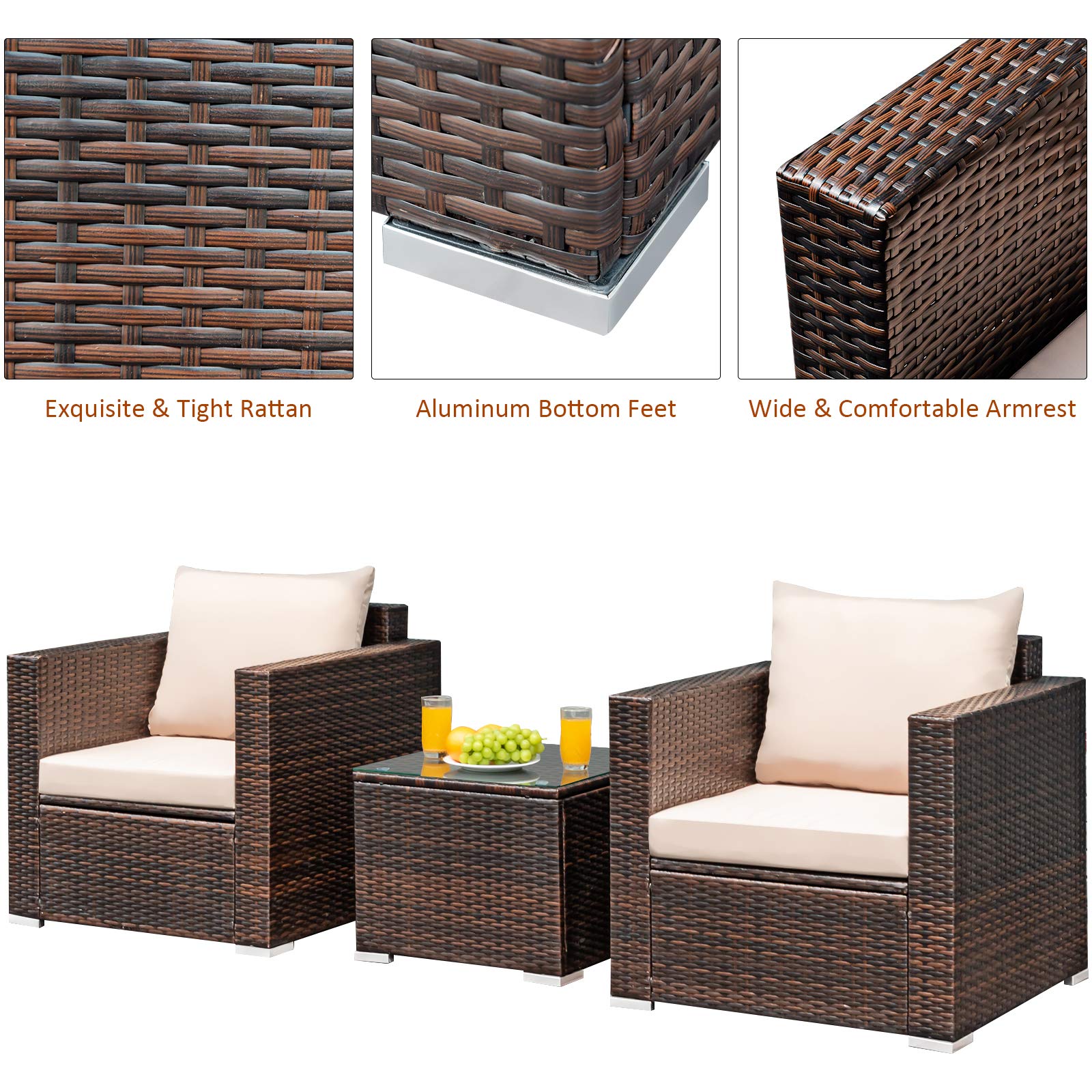 Tangkula 3-Piece Outdoor Patio Furniture Set with Washable Cushions & Tempered Glass Table - PE Wicker Rattan Sofa Set for Garden, Poolside, Balcony - Perfect for Relaxing, Entertaining & Outdoor Dining