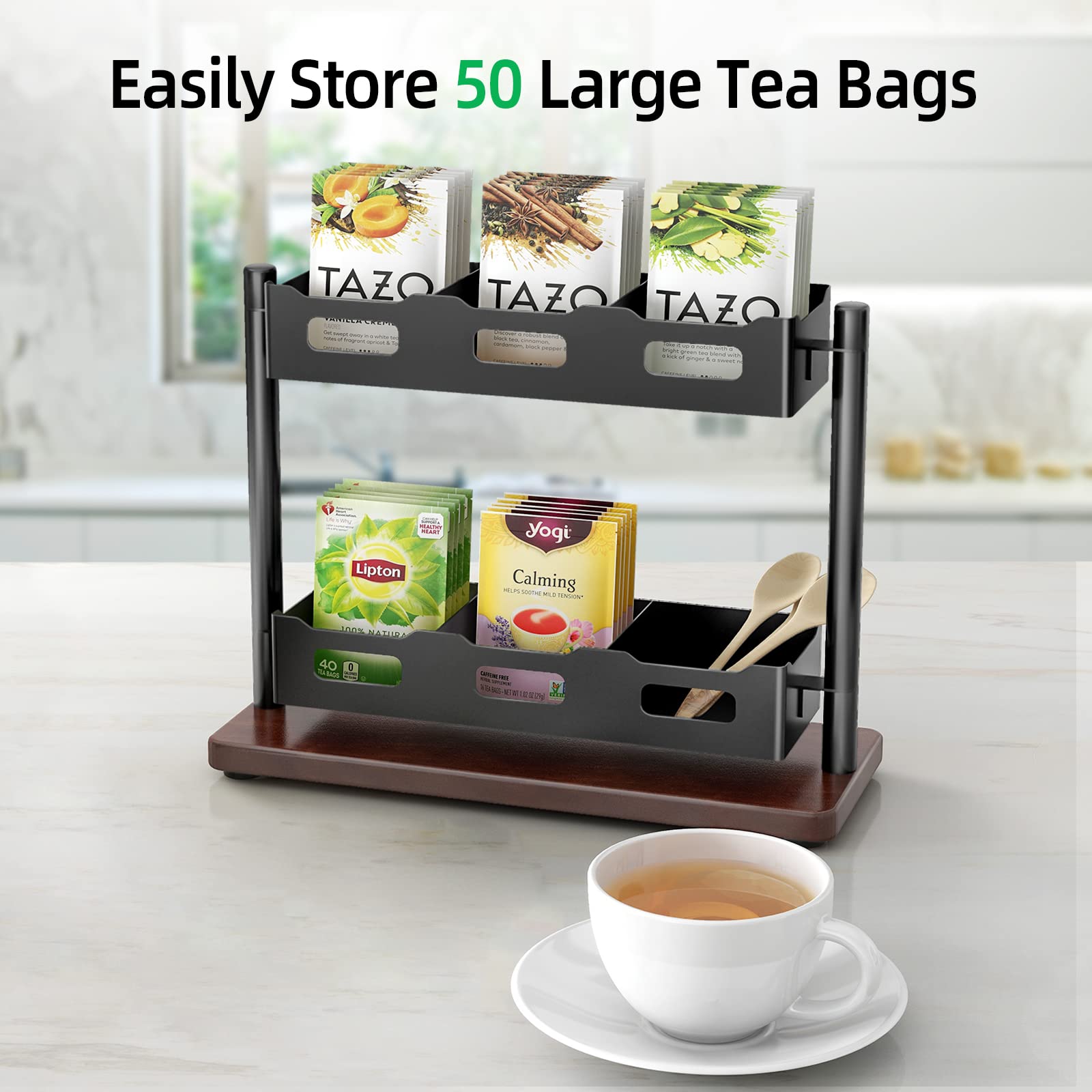 2-Tier Wooden Tea Bag Organizer - Vertical Countertop Tea Storage Rack for Tea Bags - Black Solid Wood Tea Holder - Perfect for Kitchen Countertops, Pantry Organization & Tea Lovers' Gift