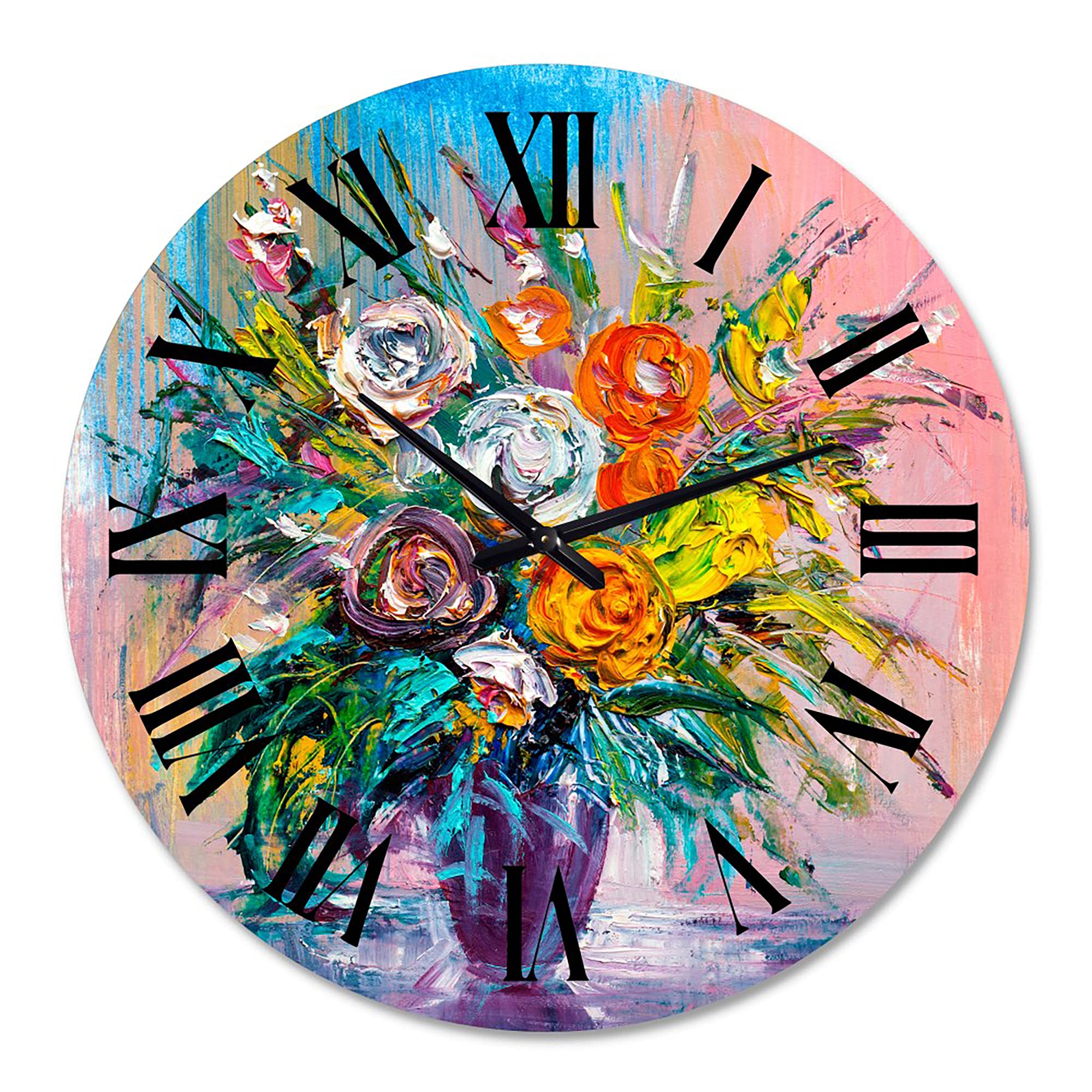 DesignQ Traditional Wall Clock - 'Bouquet of Vibrant Flowers' Large Floral & Botanical Wall Clock for Home, Office & Living Room Decor | Perfect for Farmhouse, Bedroom & Kitchen Wall Decoration