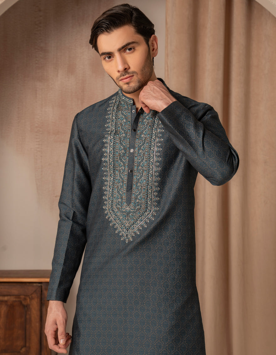Blended Teal Blue Special Kurta by J. Junaid Jamshed | Stylish Pakistani Traditional Dress for Men | Perfect for Eid, Weddings & Special Occasions