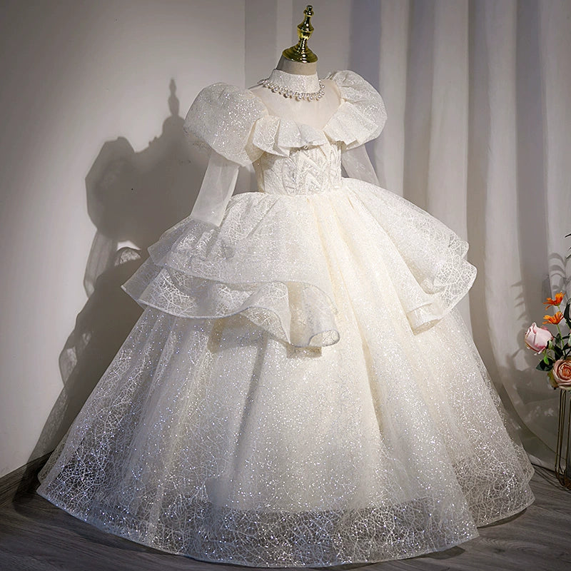 White Princess Jewel Neck Floor-Length Organza Flower Girl Dress for Weddings & Special Occasions