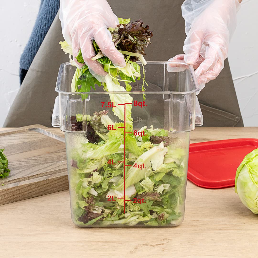 Restaurantware Met Lux 8 Quart Brine Buckets - 10 Pack Square Marinating Containers with Volume Markers, Built-In Handles & Freezer-Safe Lids (Sold Separately) - Clear & Red Plastic Dough Rising Buckets for Commercial Kitchens, BBQ Prep & Home Baking