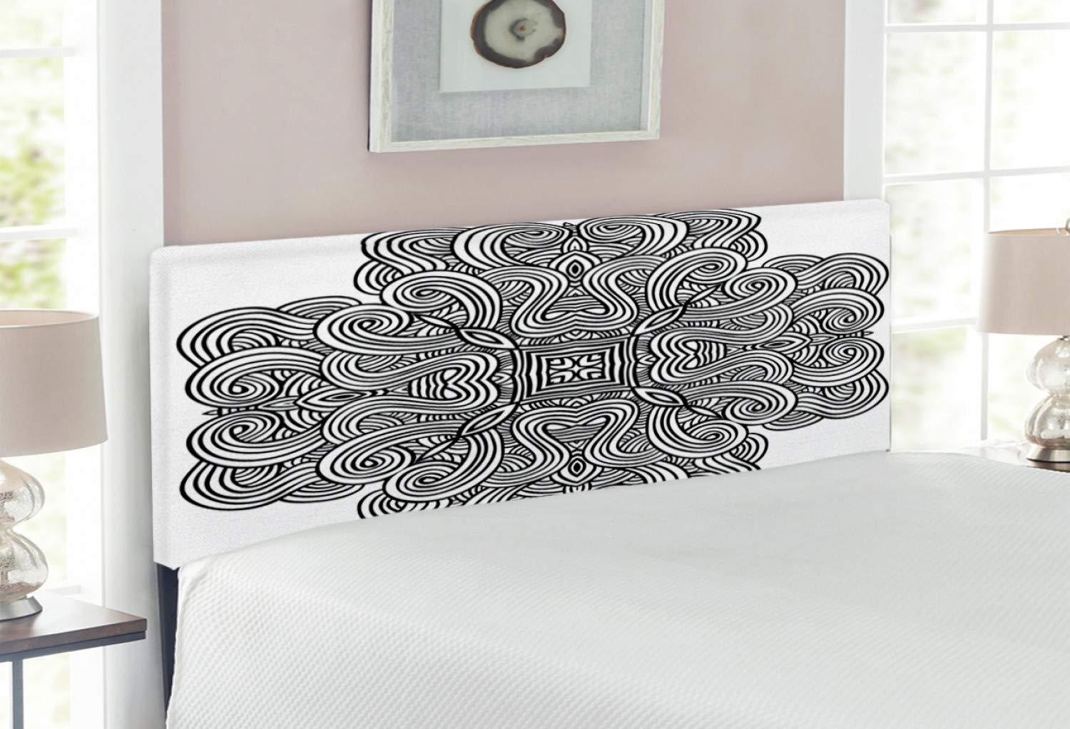 Ambesonne Celtic Upholstered Headboard - Medieval Heraldic Design with Square Center, Full Size Black & White Memory Foam Bed Headboard | Perfect for Gothic & Vintage Bedroom Decor