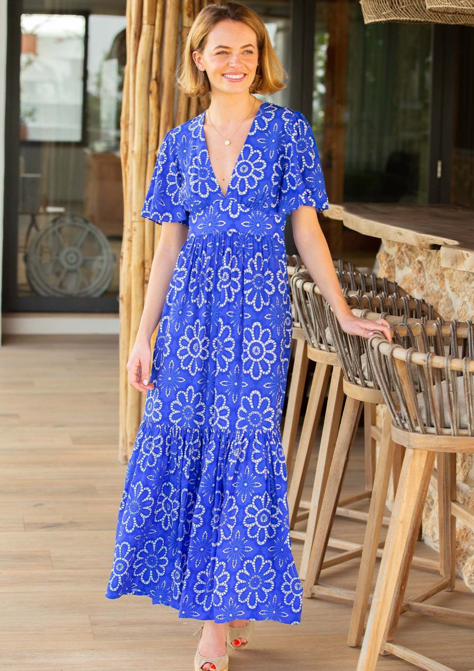 Sylvie EcoVero™ Floral Lace Dress in Cobalt Blue & White | Sustainable Viscose Women's Fashion | Perfect for Weddings & Summer Parties