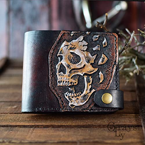 3D Carved Genuine Leather Biker Wallet for Men - Handmade Skull & Skeleton Design Customizable Personalized Tooled Airbrush Art Wallet - Perfect for Motorcycle Riders, Gift Giving & Everyday Use