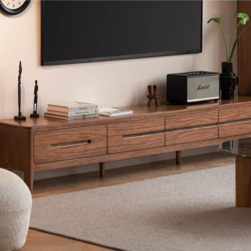 Solid Oak Wood TV Stand - Modern Entertainment Center with Storage Shelves for Living Room, Bedroom & Home Theater