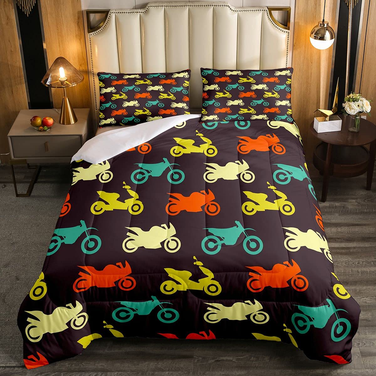 Motocross Comforter Set - Extreme Sports Bedding for Boys & Girls | Dirt Bike Themed Duvet Cover | Full Size Brown Motorcycle Bedroom Decor | Perfect for Kids, Teens & Motocross Enthusiasts
