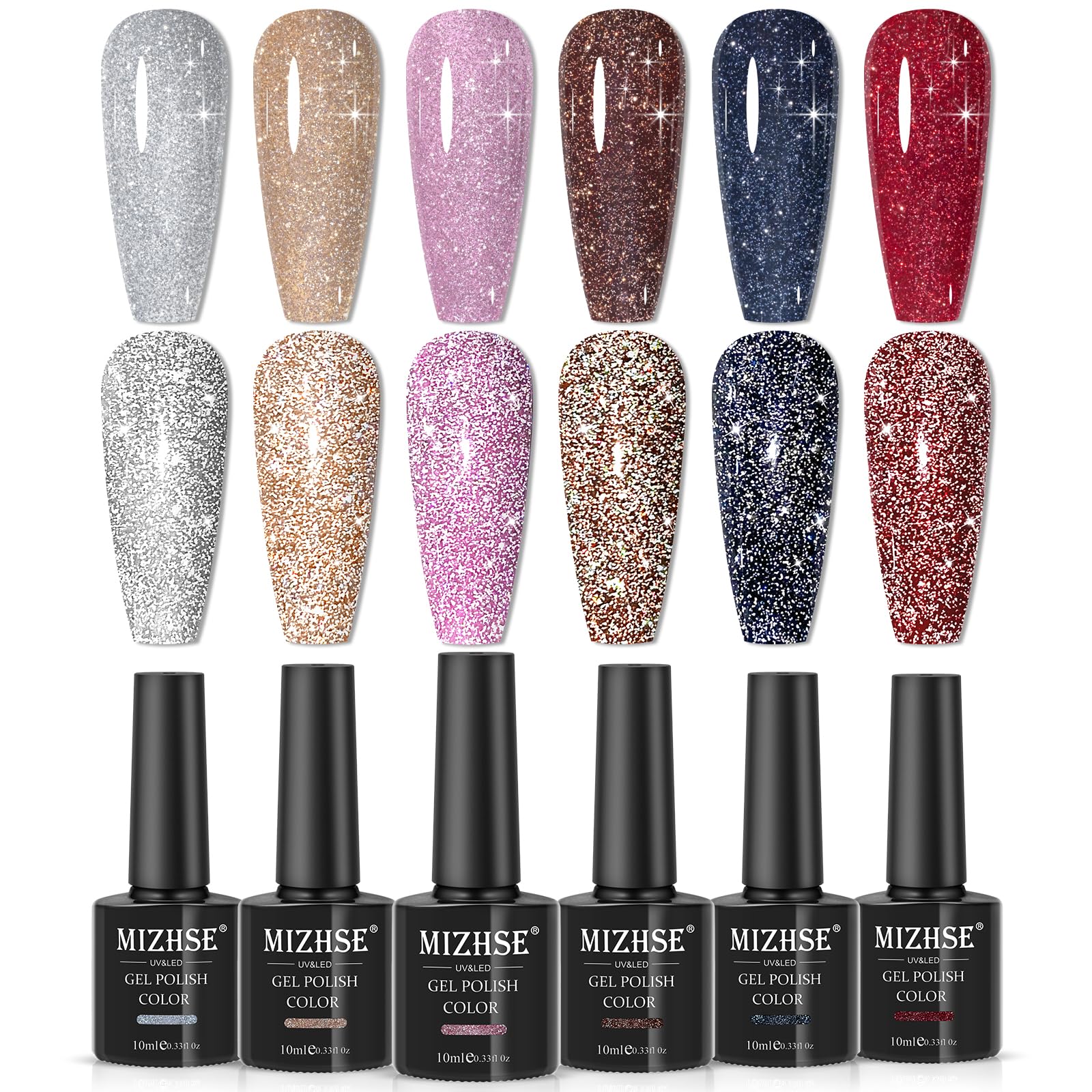 MIZHSE Reflective Glitter Gel Nail Polish Set - 10ml Shimmery UV LED Soak Off Nail Art Varnish with Sparkly Shine | DIY Manicure Kit for Home Salon, Party & Special Occasions