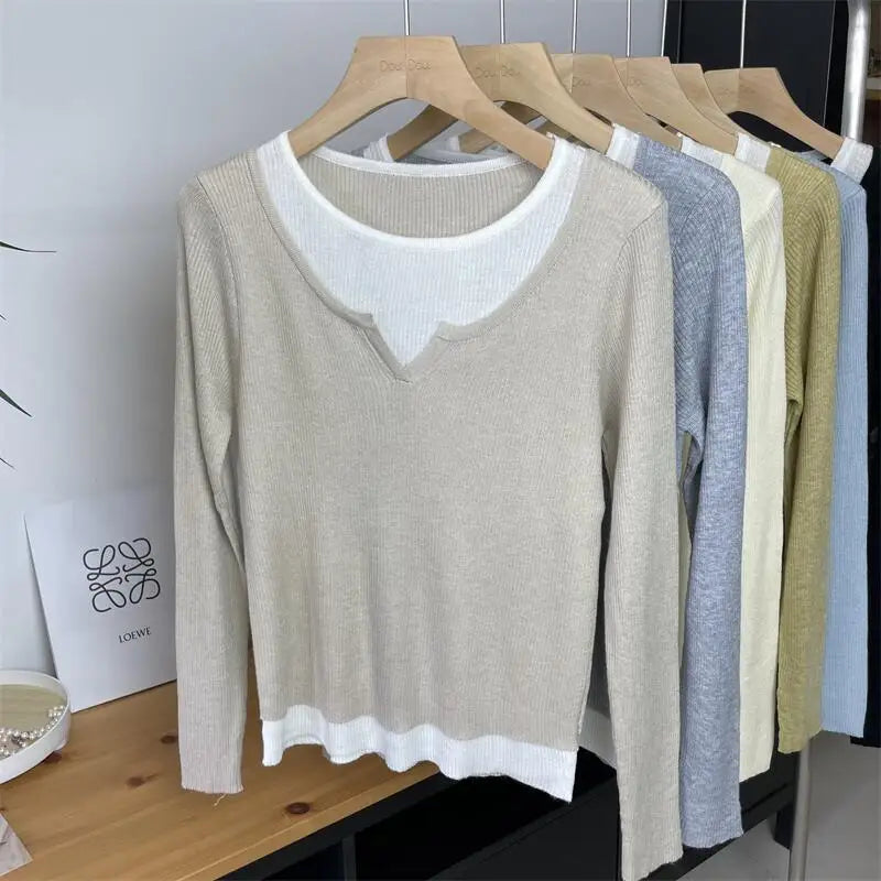 2024 New Women's French Casual Patchwork Long Sleeve Pullover Sweater - Round Neck Knitwear Top for Autumn Winter | Perfect for Holiday Gifts & Streetwear Fashion