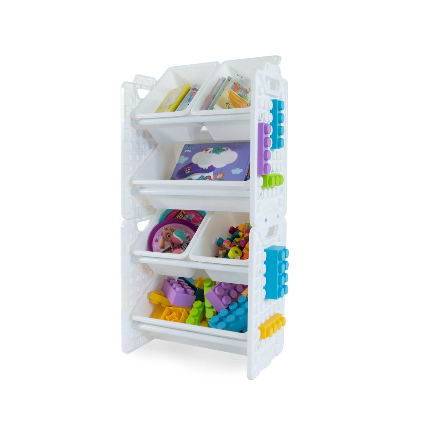 UNiPLAY Toy Organizer with 6 Removable Storage Bins - Multi-Bin Kids Organizer for Books, Building Blocks, School Supplies & Toys - Includes Baseplate Board Frame (White) - Perfect for Playroom, Classroom & Home Organization