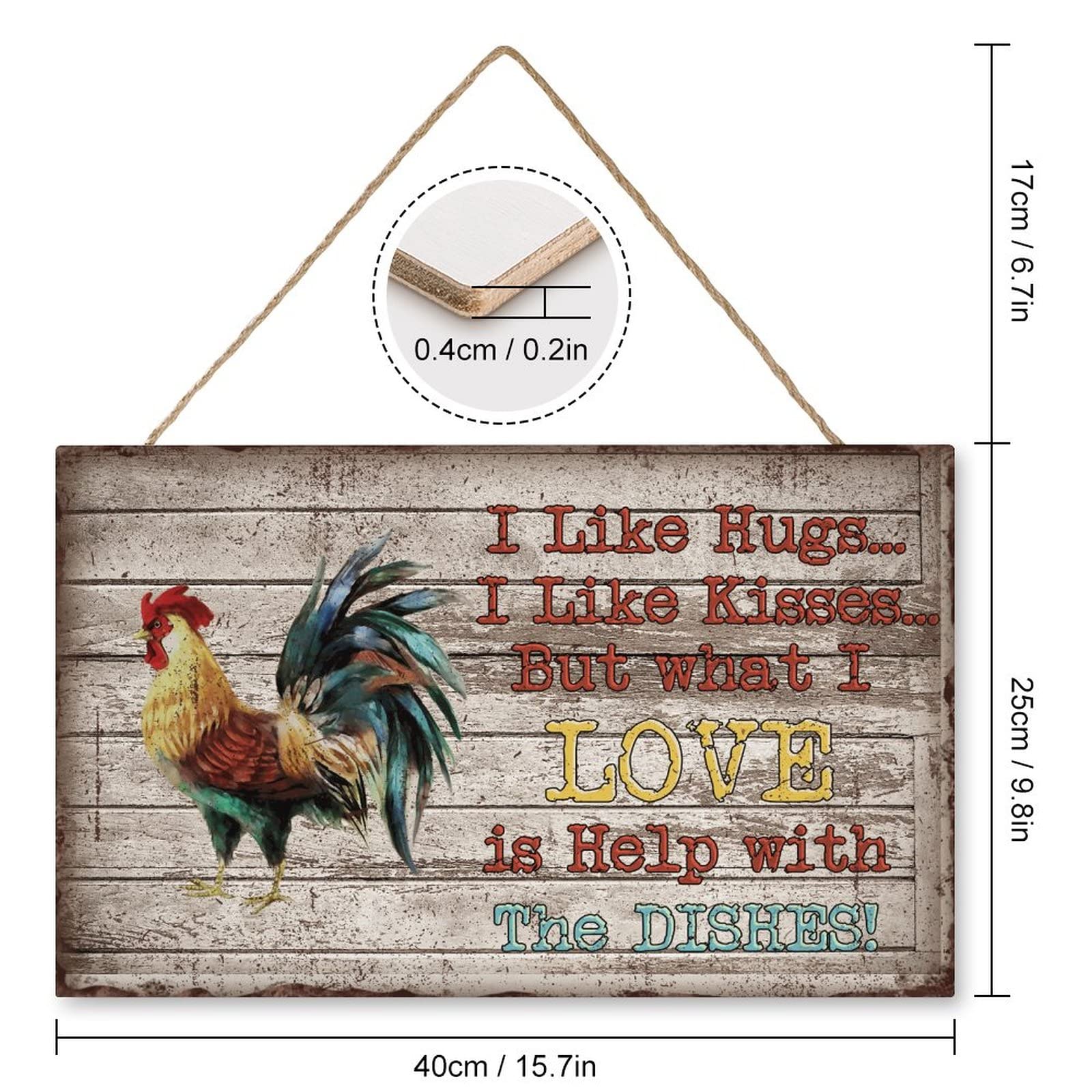 Rustic Rooster Wood Wall Art - Funny Chicken Coop Decor Sign 'I Like Hugs Kisses But What I Love Is Help with The Dishes' - Farmhouse Kitchen & Yard Decoration (10x16 inches) - Perfect for Country Homes, Farmhouse Kitchens, and Outdoor Chicken Coop Decor