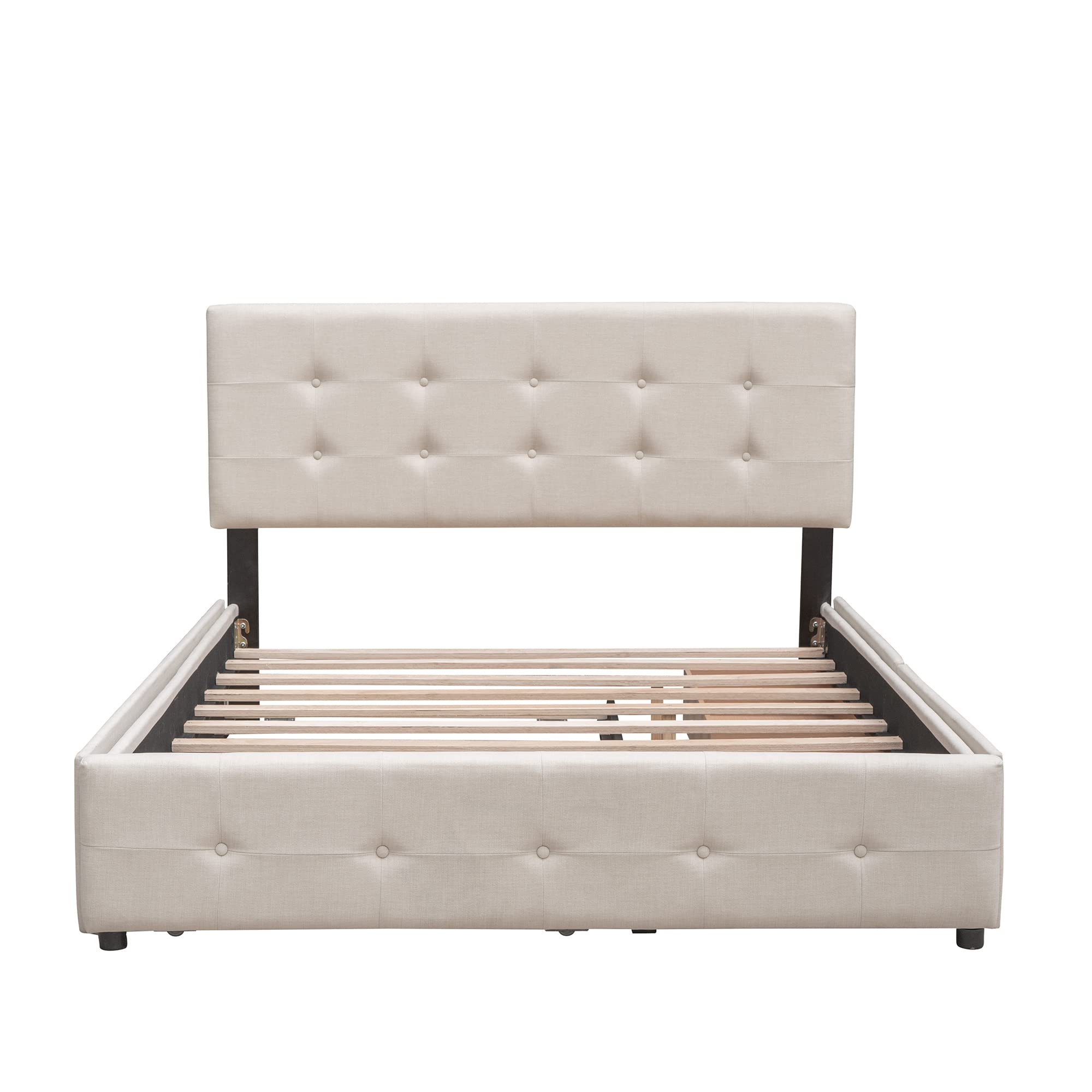 Queen Size Upholstered Platform Bed with Storage Drawers & Twin XL Trundle - Wooden Frame, Button Tufted Headboard in Beige - Perfect for Small Bedrooms, Guest Rooms & Space-Saving Solutions