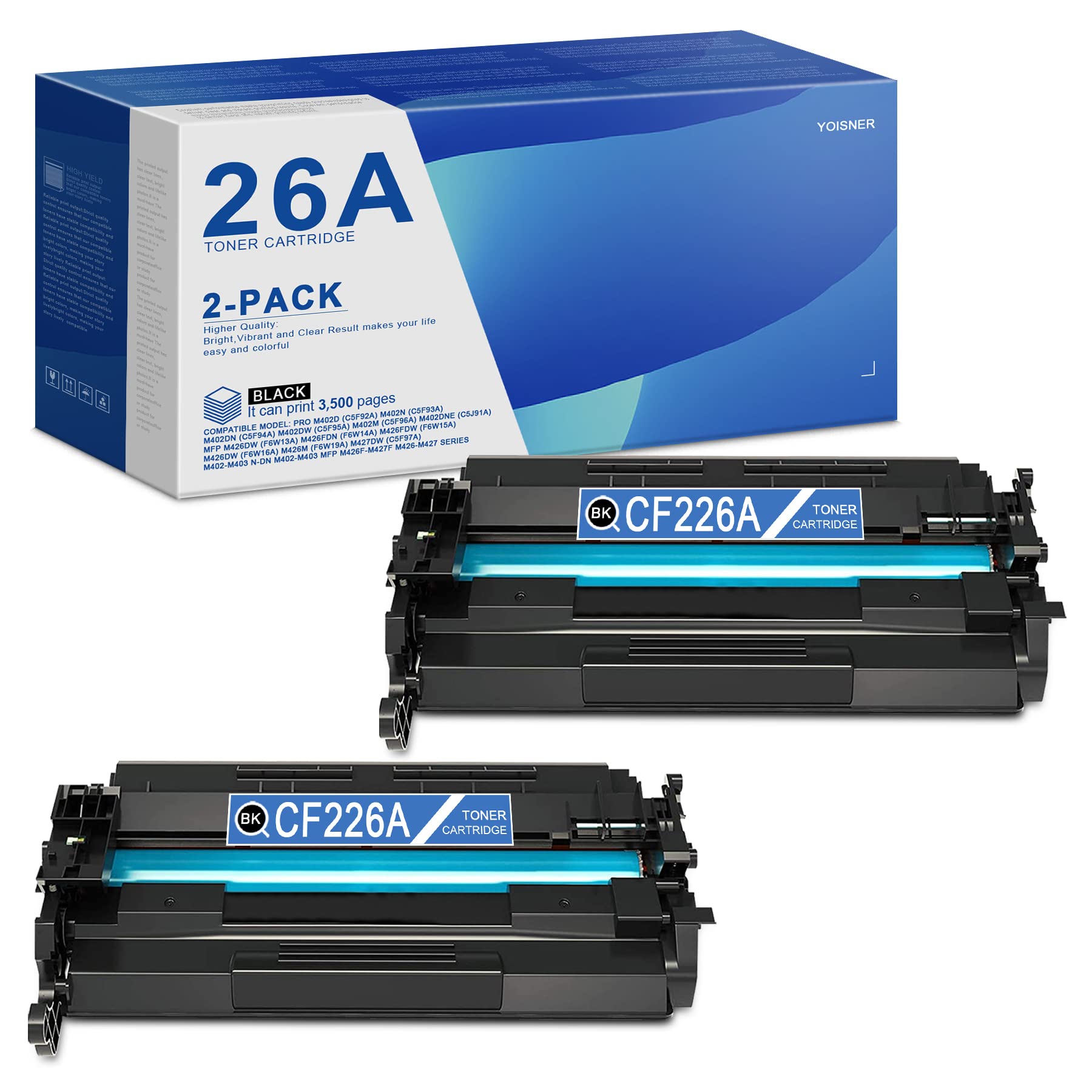 YOISNER 26A CF226A Compatible Toner Cartridge - 2 Pack Black High Yield Replacement for HP CF226A Pro M402/M426/M427 Series Printers | Office & Home Printing Solution