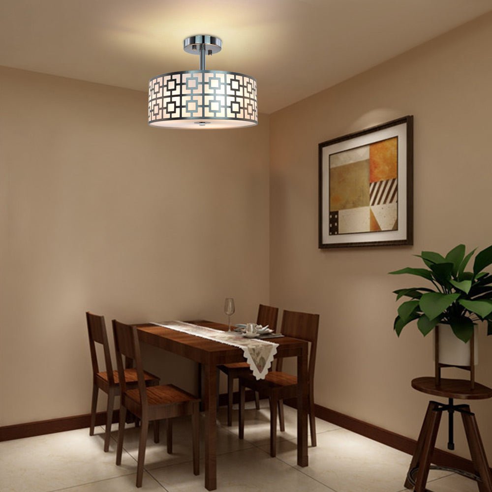 Stylish Semi Flush Mount Ceiling Light Fixture - 3 Bulb Iron Drum Pendant Chandelier in Chrome Finish for Bedroom, Hallway, Kitchen, Living & Dining Room | Modern Home Lighting for Entryway, Foyer & Interior Decor