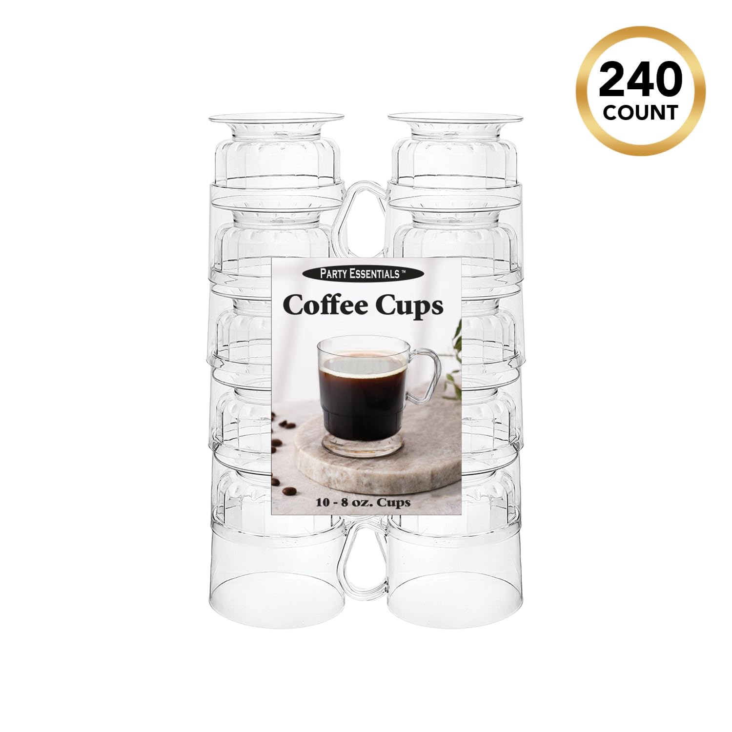 Elegant Hard Plastic Coffee Cup with Handle - 8 oz Clear Disposable Tea Mug for Parties, Events & Catering (Case of 240) - Perfect for Coffee, Tea, Hot Chocolate & Beverage Service