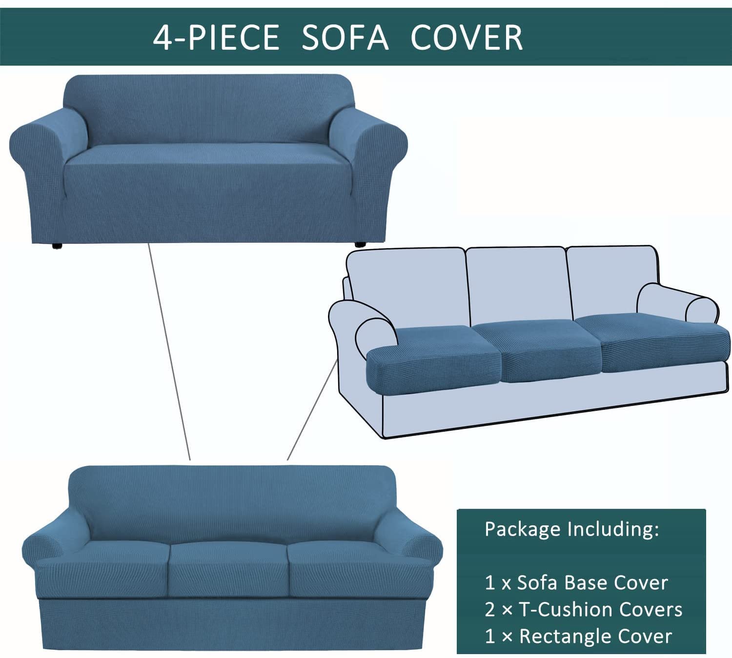 Stretch Sofa Cover Slipcover - Soft Jacquard Knitted Furniture Protector with Non-Slip Design & 3 T-Cushion Covers for Couch, Sofa Bed - Perfect for Living Room, Home Decor (Blue)