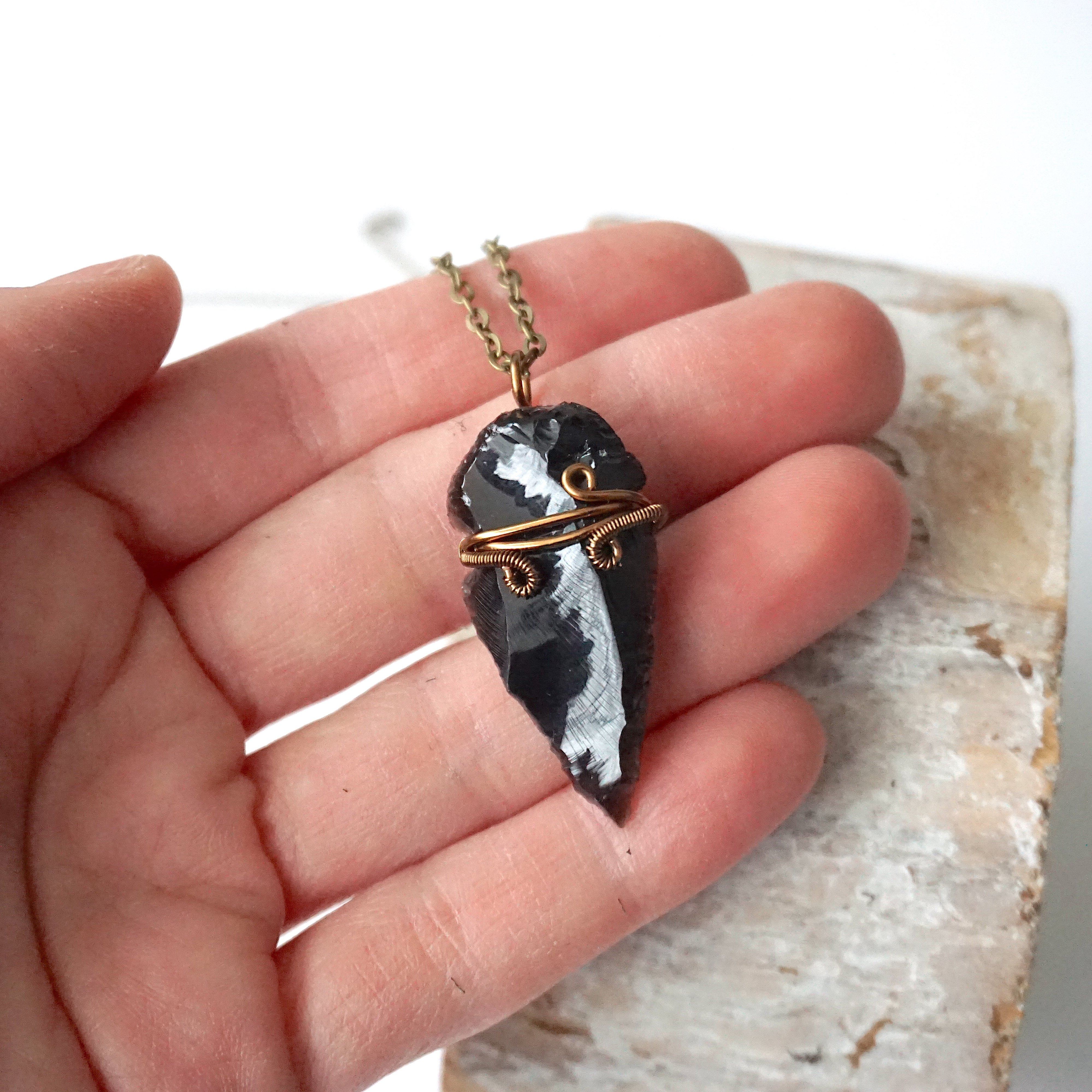 Obsidian Arrowhead Pendant Necklace in Antique Bronze - Handmade Stone Jewelry for Men & Women | Perfect for Outdoor Adventures, Spiritual Healing & Boho Fashion