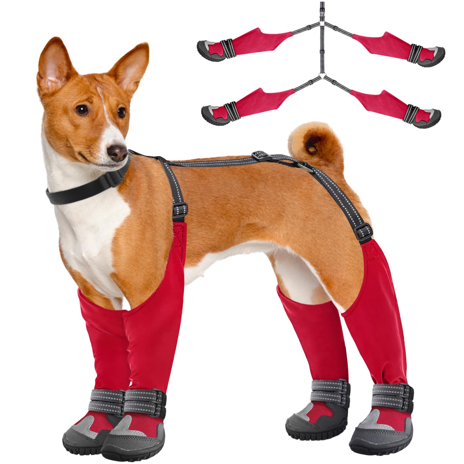 Idepet Dog Suspender Boots - Waterproof Anti-Slip Winter Dog Shoes with Adjustable Straps for Snow, Rain & Hiking - Paws Protection for Small Medium Large Dogs (Red, Size 5) | Perfect for Outdoor Adventures, Winter Walks & Rough Terrain Protection
