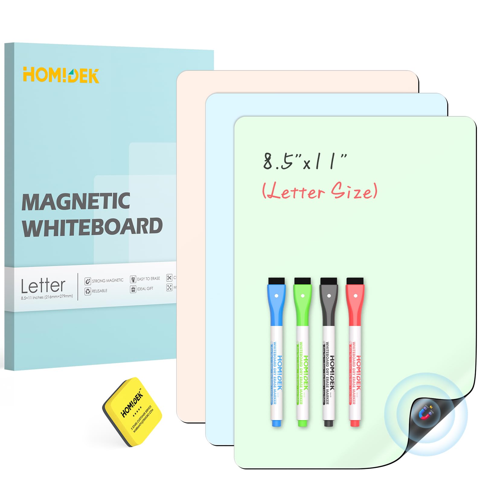 Magnetic Dry Erase Board for Refrigerator - 3 Color Fridge Whiteboard with 4 Markers & Eraser - Reusable 8.5