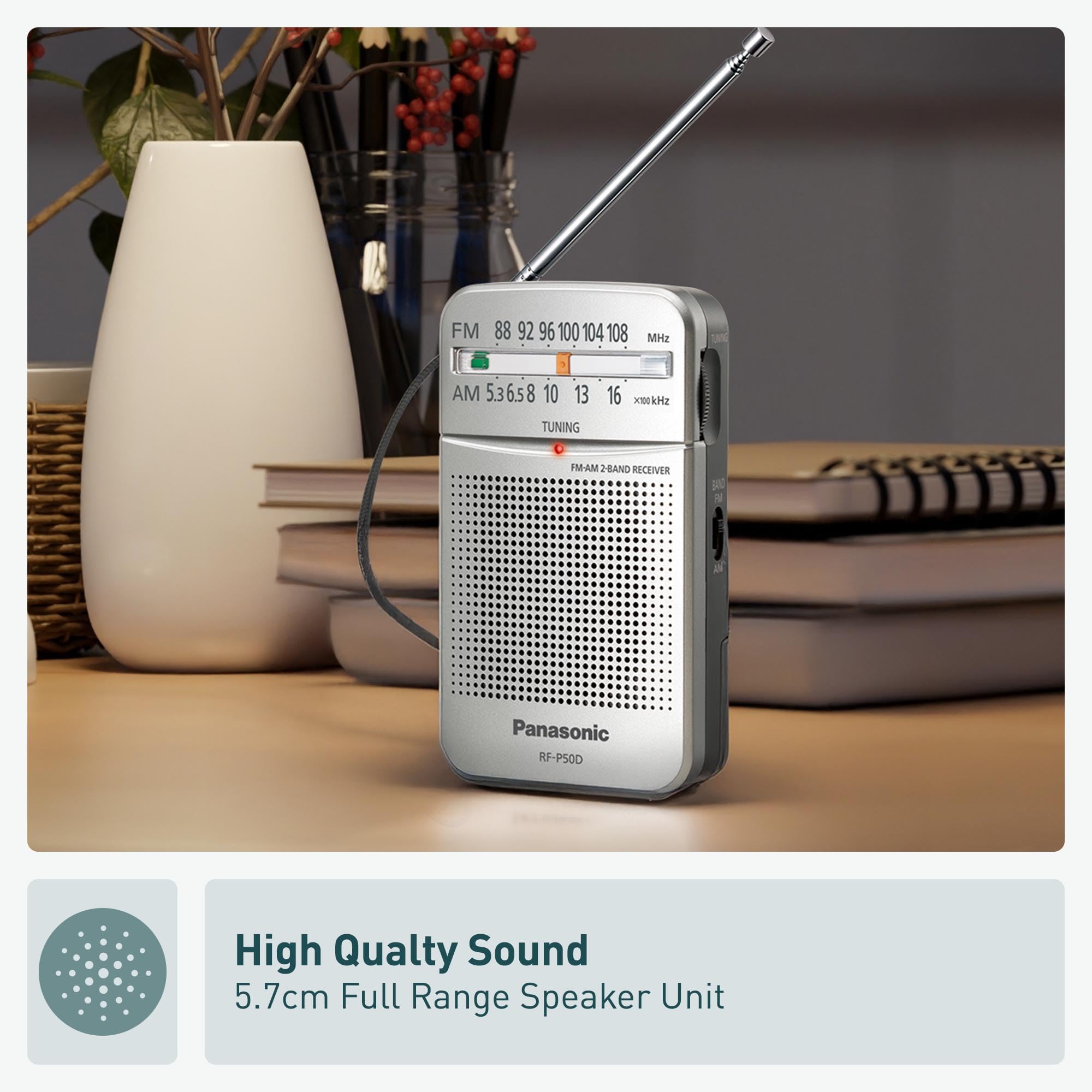 Panasonic RF-P50 Portable AM/FM Pocket Radio - Compact Silver Design for Outdoor, Emergency, Travel & Home Use