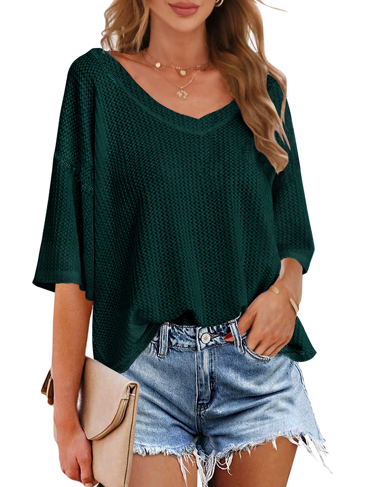MEROKEETY Women's V Neck Batwing Half Sleeve Shirts - Soft Waffle Knit Loose Blouse, Solid Color Casual Tops for Women - Perfect for Work, Date Night & Everyday Wear
