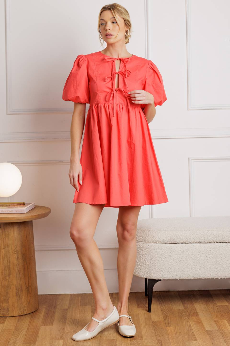 Front Tie Puff Sleeve Mini Dress in Coral - Elegant Summer Party & Date Night Outfit for Women