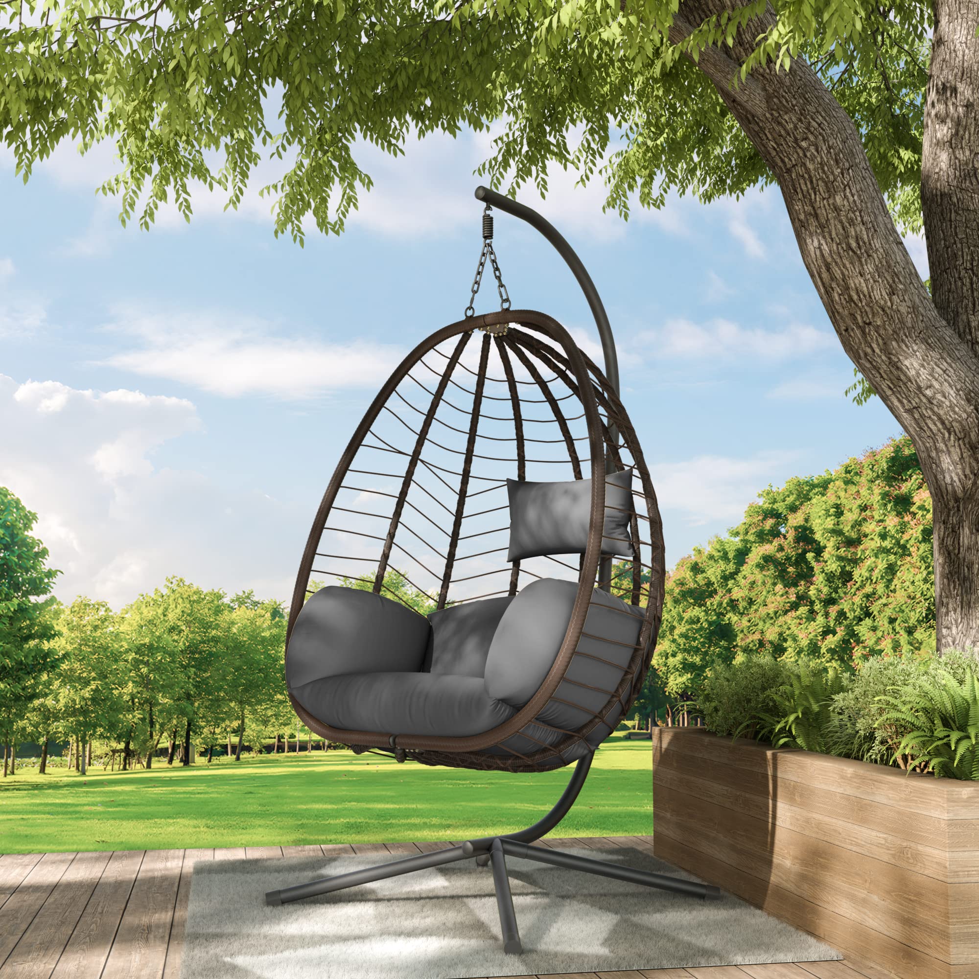 ALAULM Egg Swing Chair - Indoor/Outdoor Wicker Rattan Hanging Chair with Stand, 350lbs Capacity, Sturdy Steel Frame & Gray Cushions - Perfect for Patio, Balcony, Bedroom, Garden & Relaxation Spaces