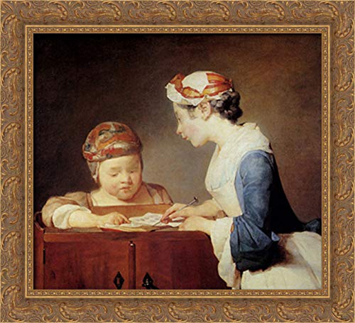 Jean Baptiste Simeon Chardin The Teacher 22x20 Gold Ornate Wood Framed Canvas Art - Perfect for Classroom Decor, Office Wall Art & French Style Home Decoration