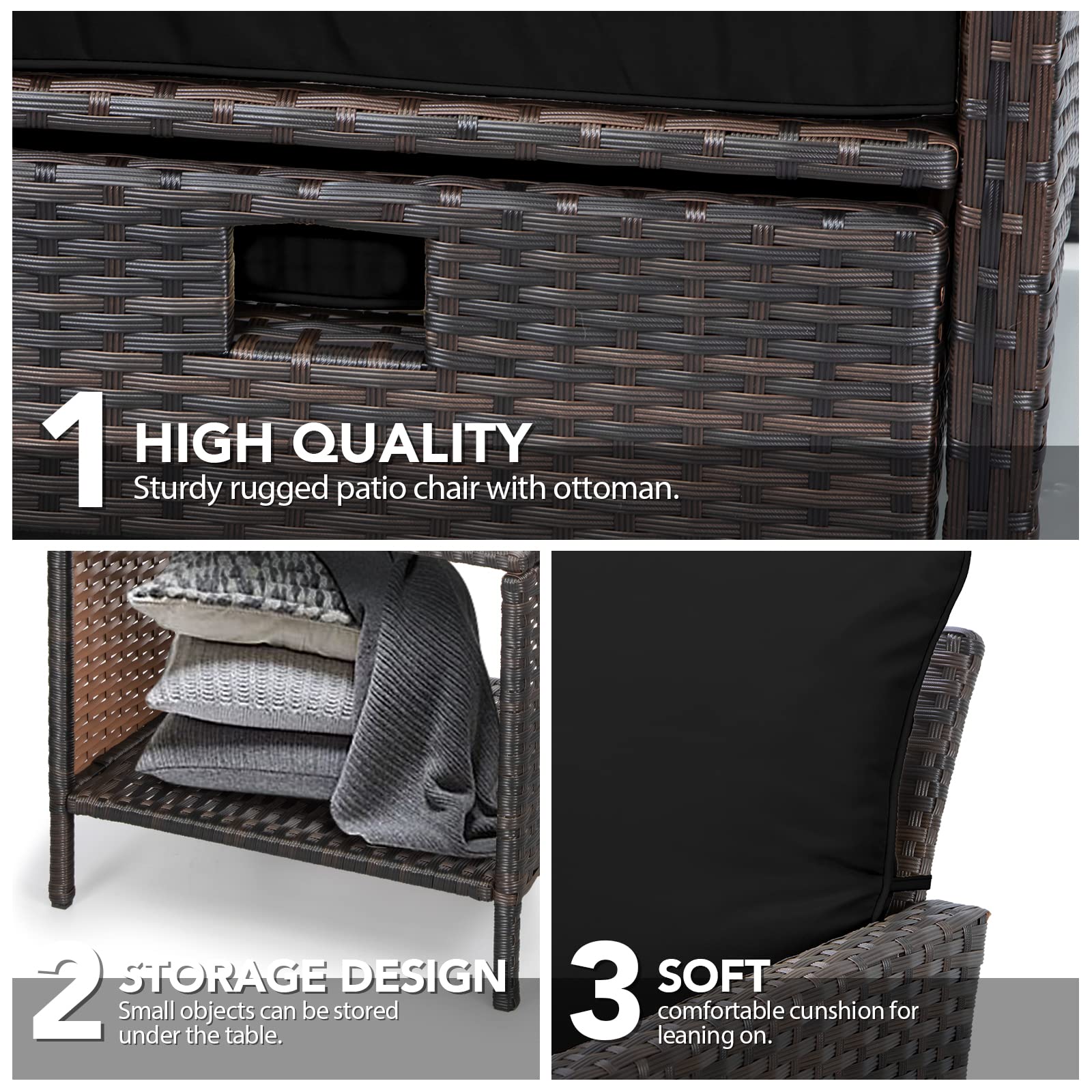 LEVELEVE 5-Piece PE Wicker Patio Furniture Set - Outdoor Rattan Conversation Sofa with Cushions, 2 Ottomans & Glass Table for Balcony, Porch, Garden, Poolside (Brown Wicker/Black Cushions) - Perfect for Relaxing, Entertaining & Outdoor Lounging