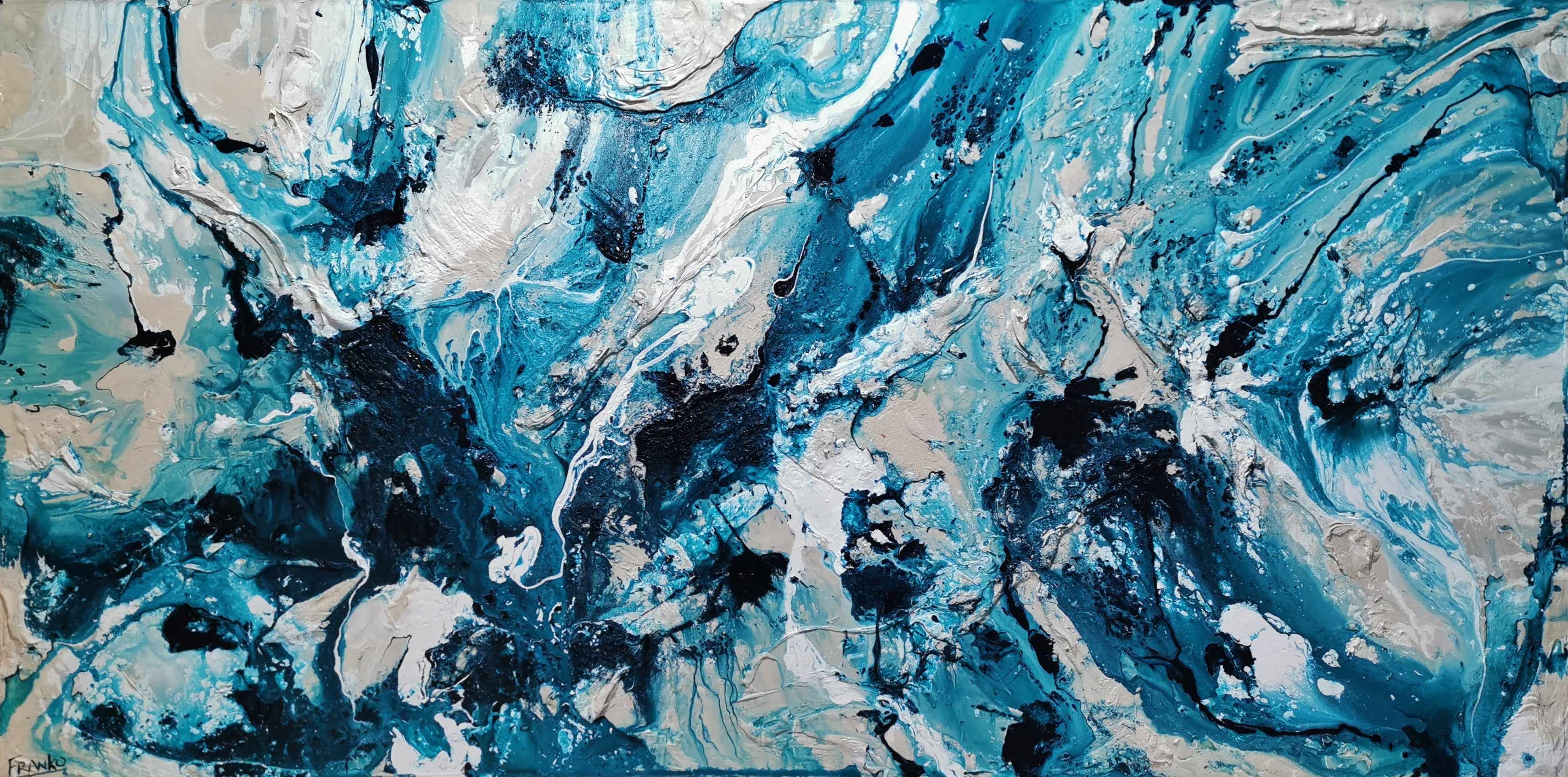 Southern Aura 94.5'' x 47'' Blue White Cream Textured Abstract Canvas Art - Modern Wall Decor for Living Room, Bedroom & Office