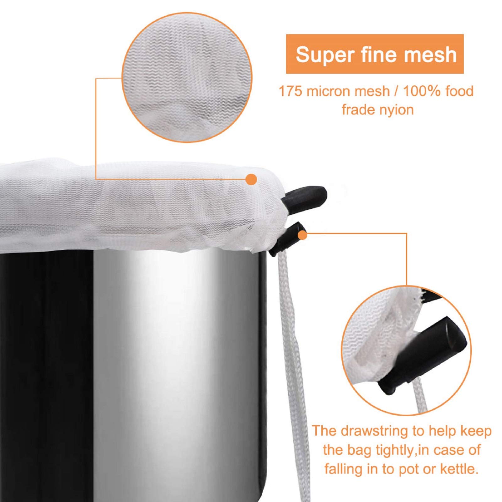 3pcs Reusable 175 Micron Fine Mesh Brew Bags - Food Grade BPA-Free Nylon Strainer for Wine, Beer, Tea & Nut Milk - Ultra Strong Drawstring Filter Bag for Home Brewing & Kitchen Use
