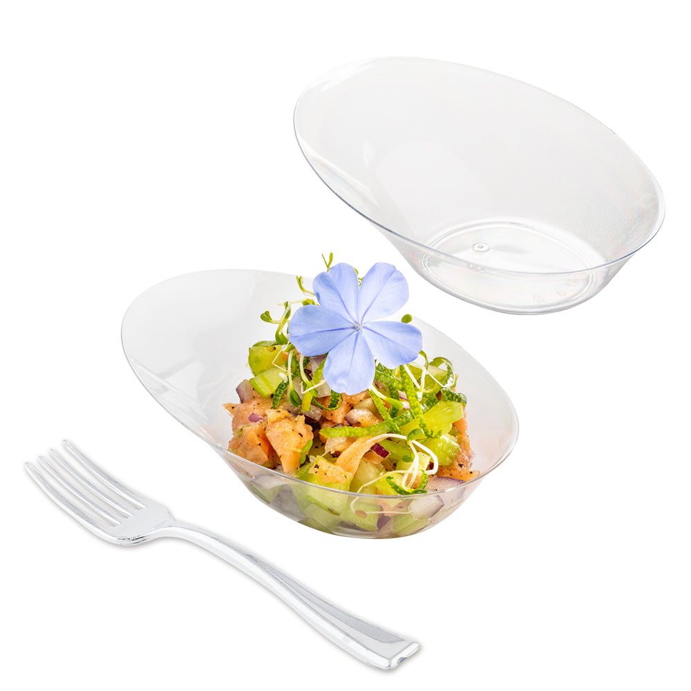 100-Pack Clear Plastic Oval Dishes & 100 Silver Mini Forks - Perfect for Party Appetizers, Wedding Receptions, and Catering Events
