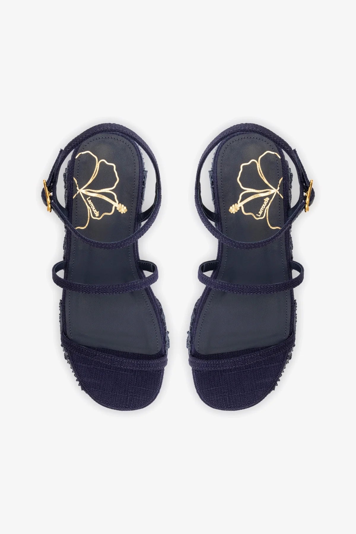 Gio Women's Flatform Sandals in Navy Blue Raffia with Hibiscus Embroidery - Perfect for Beach Vacations, Summer Weddings & Boho Fashion