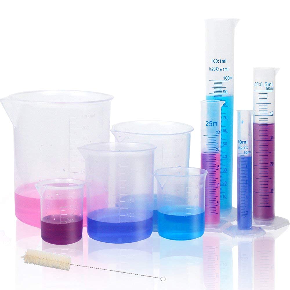 ECNEICS Plastic Lab Equipment Kit - 10ml to 1000ml Graduated Cylinders & Beakers Set with Cleaning Brush for Science Experiments, Chemistry Labs & School Projects