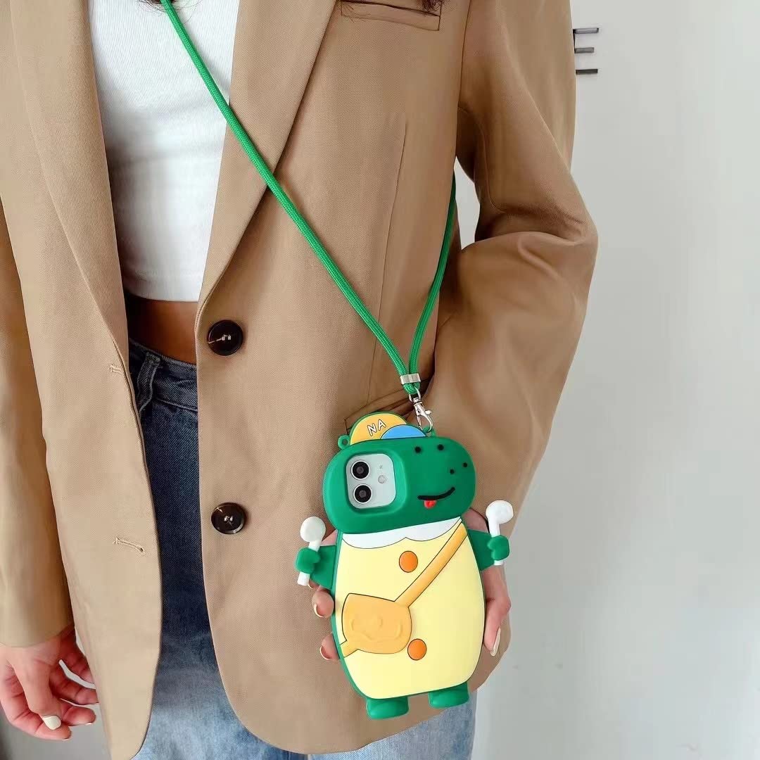 3D Cartoon Dinosaur Soft Silicone Case for iPhone 12 Pro Max - Cute Kawaii Anti-Fall Shockproof Cover with Lanyard | Unique Funny Phone Protector for Everyday Use, Work & Travel
