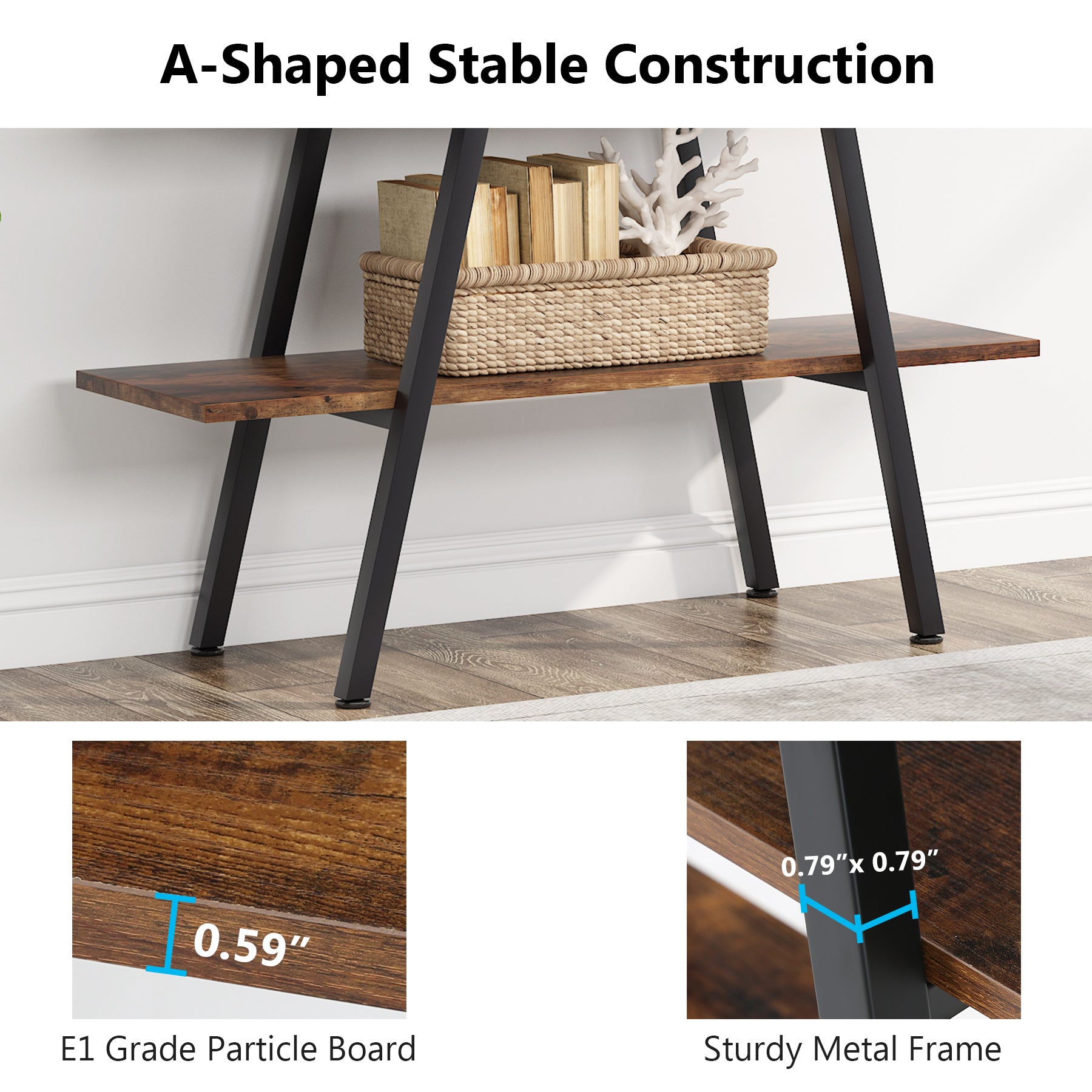 4 Tier A-Shaped Industrial Ladder Bookshelf - Rustic Wood Bookcase for Home Office, Living Room & Bedroom Storage - Perfect for Displaying Books, Plants & Decorative Items